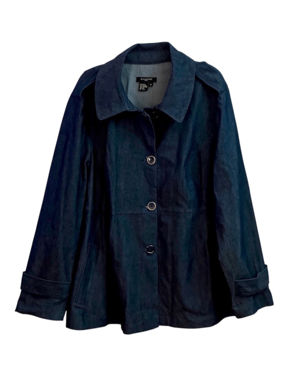 Sandro Woman Blue Denim Trench Coat Button Front Epaulets Plus Size 1X - Picture 3 of 11